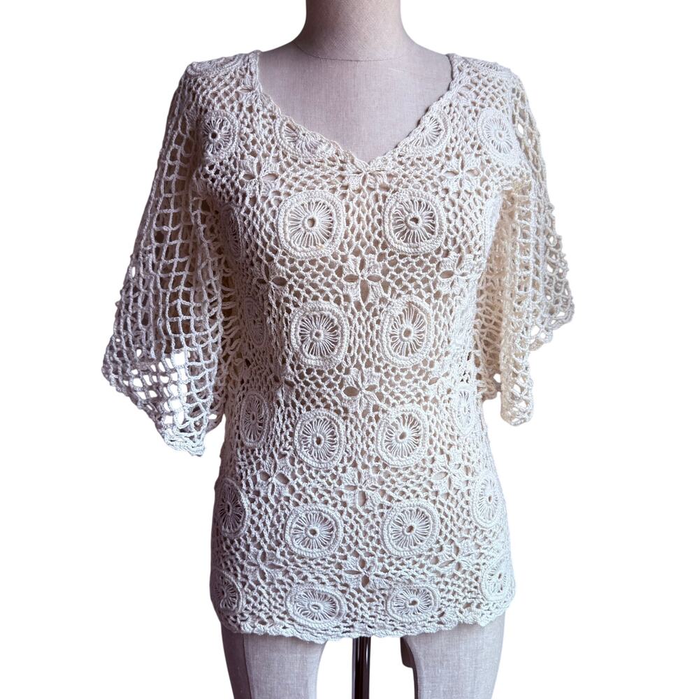 Vintage SK Imports Hand-Crocheted Cotton Bohemian Top Size M